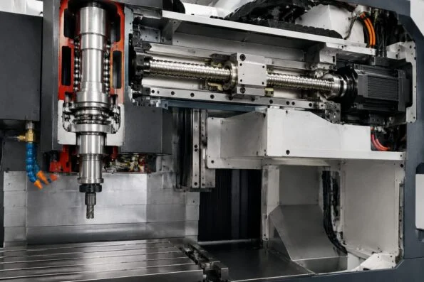 Cutaway view of a CNC machine tool showing spindle, motor and ball screw assembly