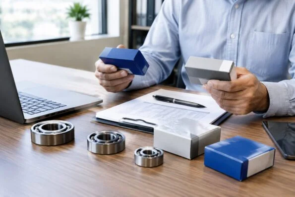 Purchasing engineer comparing bearing boxes at a desk