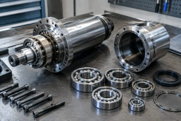 Machine tool spindle assembly opened on a workbench with precision bearings beside it