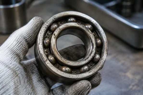 Close-up of a worn bearing ring held in a technician's gloved hand